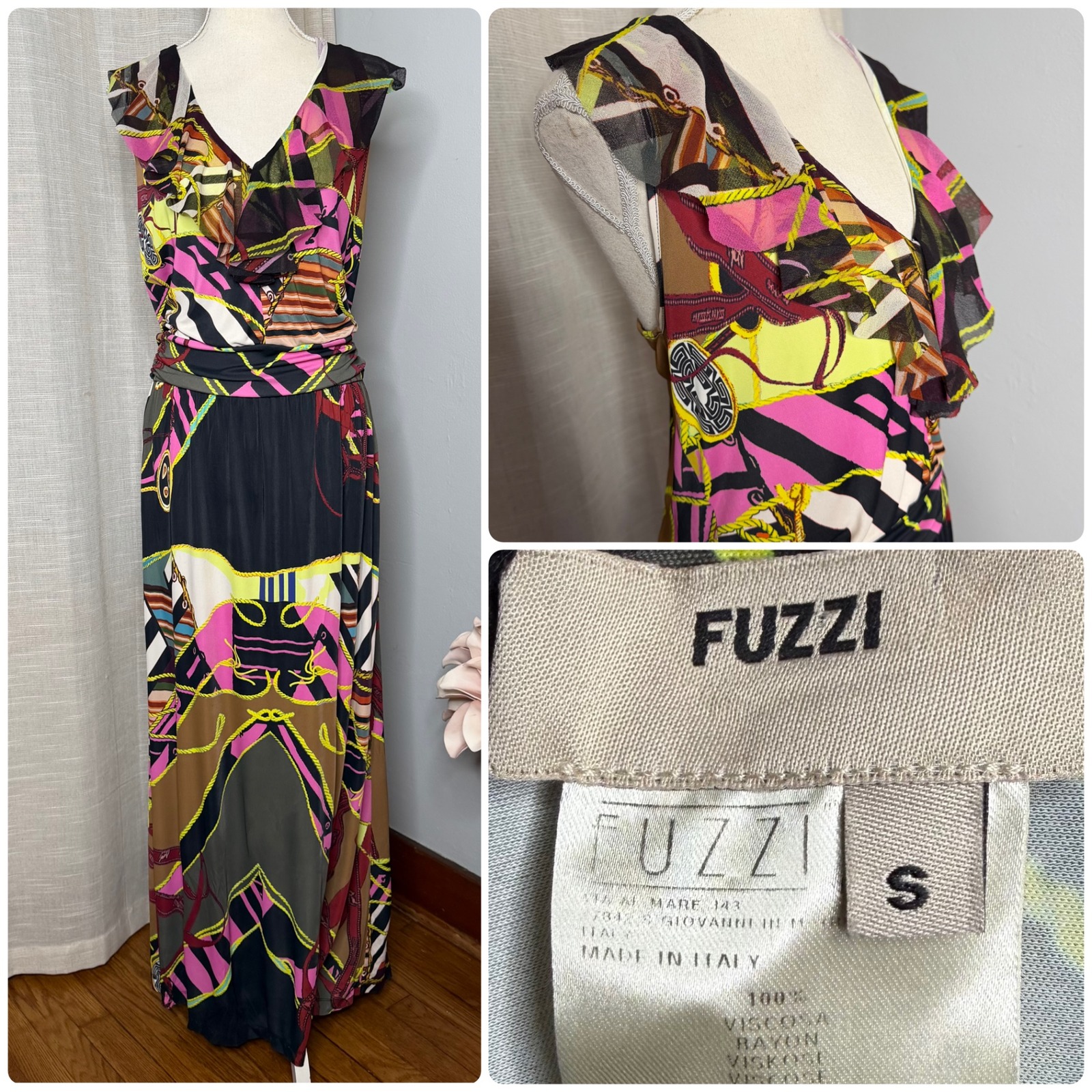 Y2k Vintage Fuzzi Italy Ruffle V-Neck Maxi Dress Abstract Colorful Women's Small